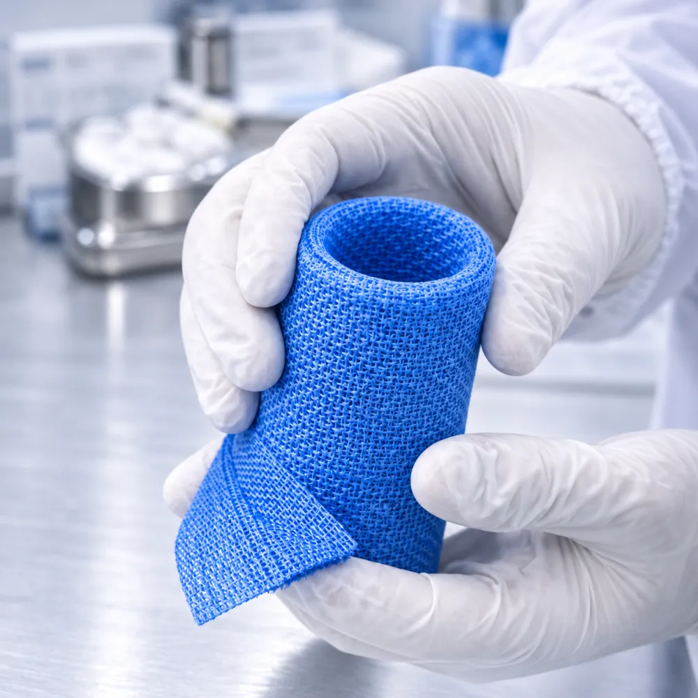 Bande KASCast bleue présentée par des mains gantées